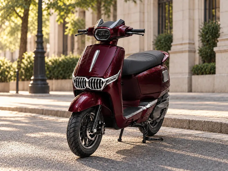 BMW Rino scooter in maroon with a chrome grille and quilted seat, parked on a stone-paved street