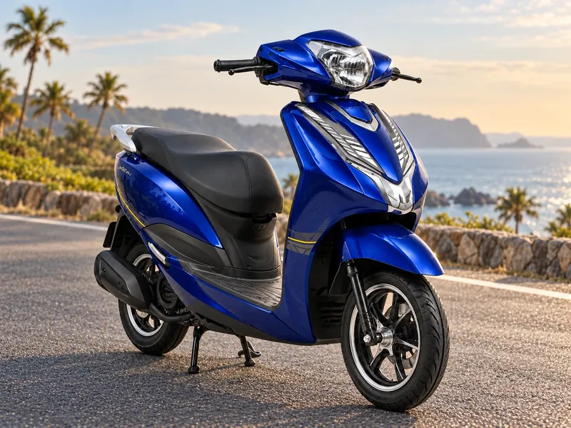 FH scooter in blue with a round headlamp and white grab rail, parked on a coastal road