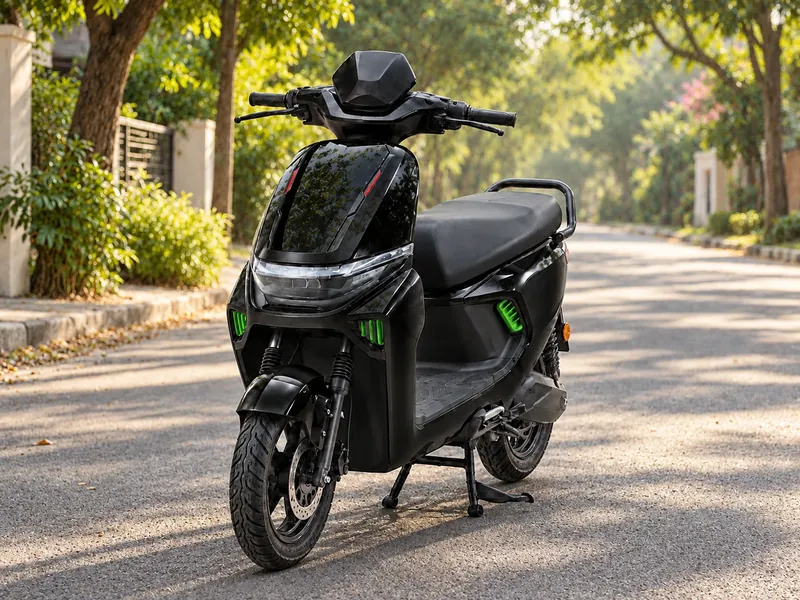 OLA scooter in gloss black with green vents, parked on a shaded street